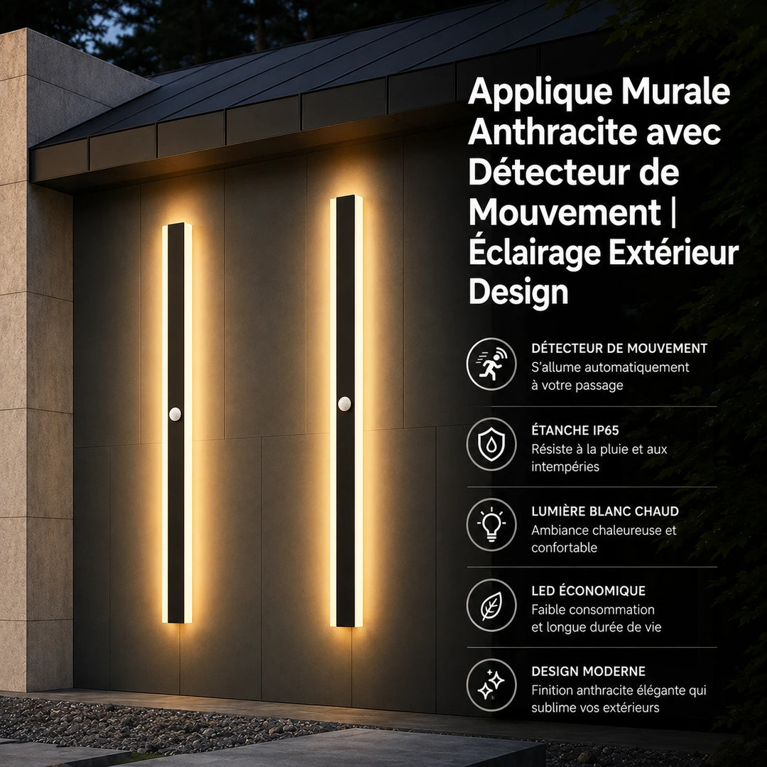 Applique murale anthracite avec détecteur de mouvement pour éclairage extérieur, design moderne, installation en extérieur.