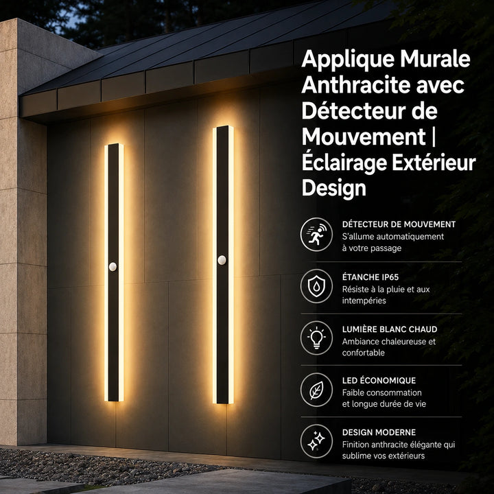 Applique murale anthracite avec détecteur de mouvement pour éclairage extérieur, design moderne, installation en extérieur.