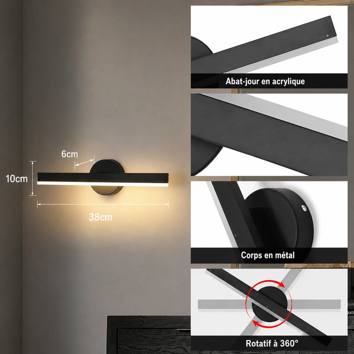 Applique murale LED orientable à 360° en noir ou blanc, luminaire moderne pour éclairage intérieur.