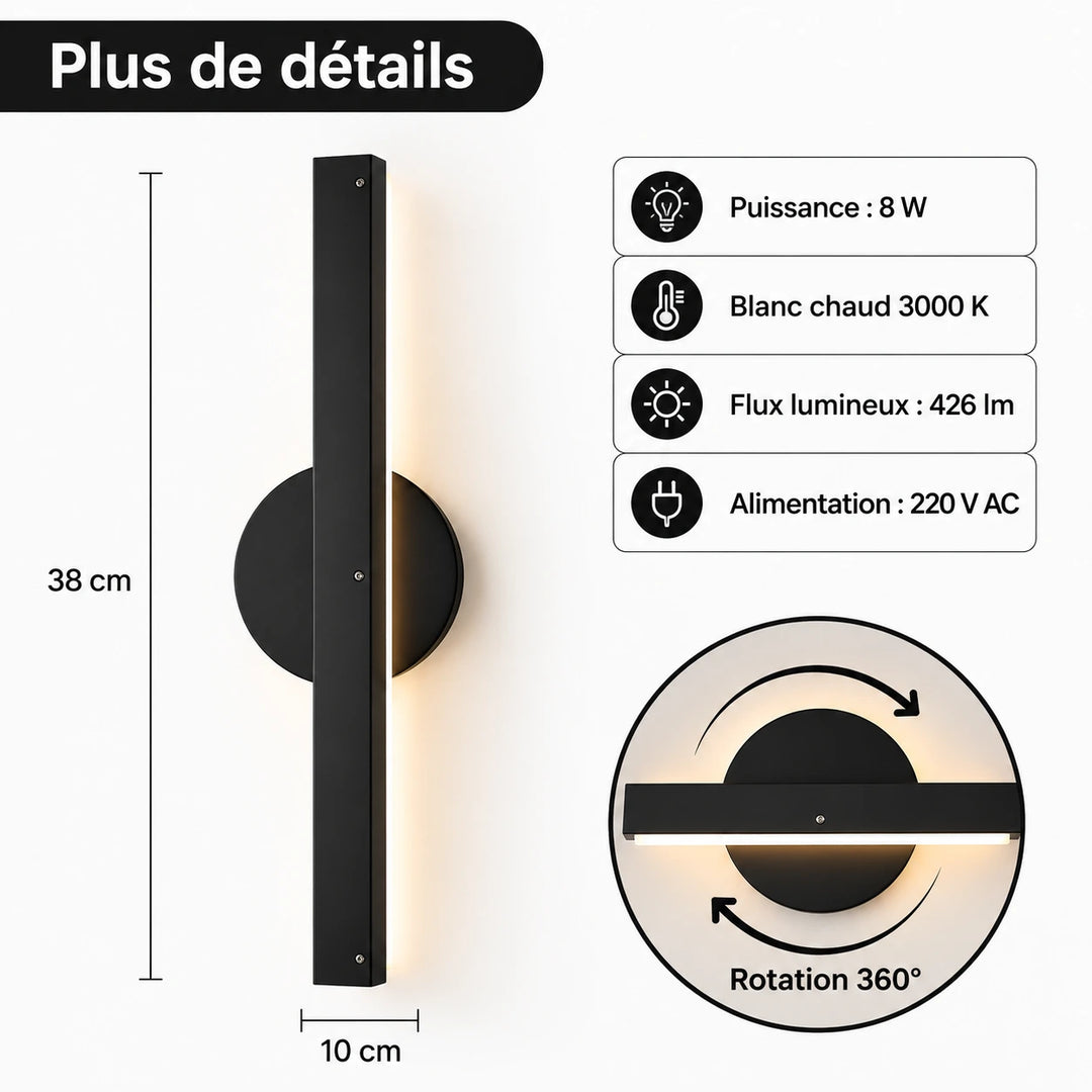 Applique murale LED orientable à 360°, noir ou blanc, avec bras réglable, pour éclairage moderne et fonctionnel.
