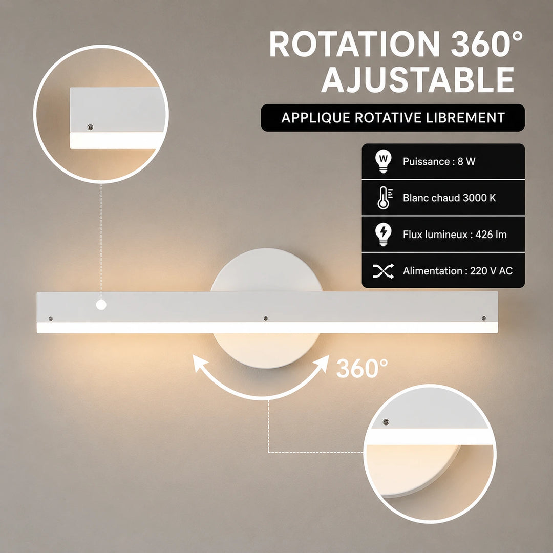 Applique murale LED orientable à 360°, finition noire ou blanche, lampe murale moderne de Luminaire Essenza.
