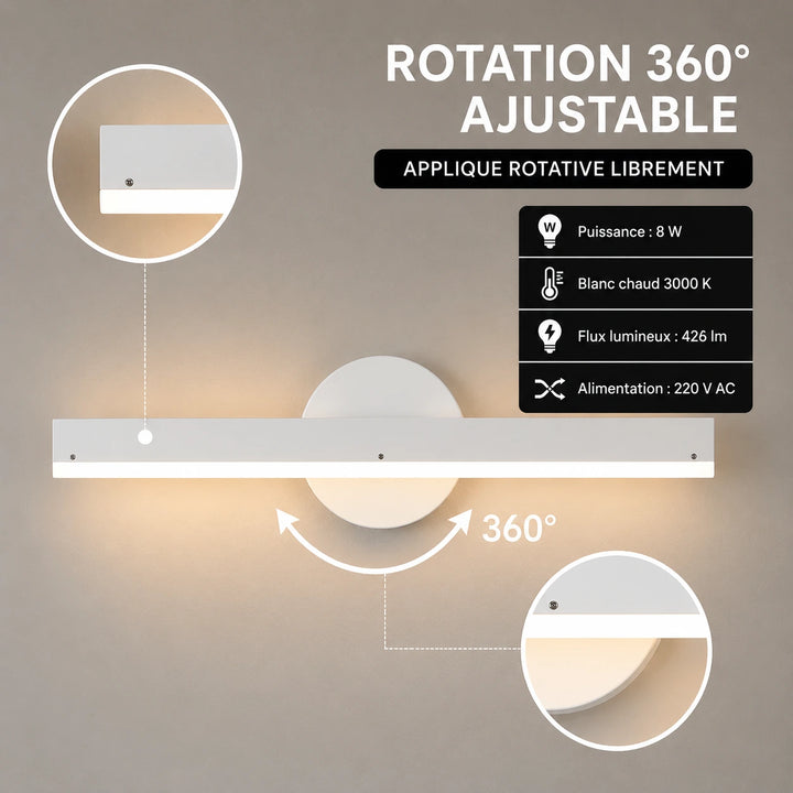 Applique murale LED orientable à 360°, finition noire ou blanche, lampe murale moderne de Luminaire Essenza.