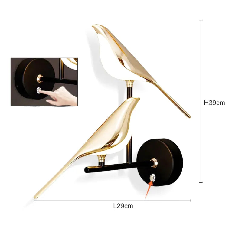 Applique murale LED avec interrupteur rotatif 360° et motif oiseau, finition double or, lumière blanche naturelle, bouton intelligent.