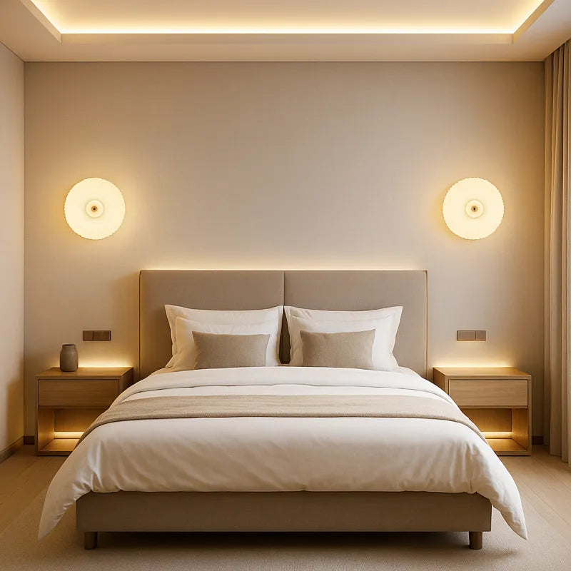 Applique murale décorative en verre en cercle blanc avec lumière blanc chaud, signée Luminaire Essenza.