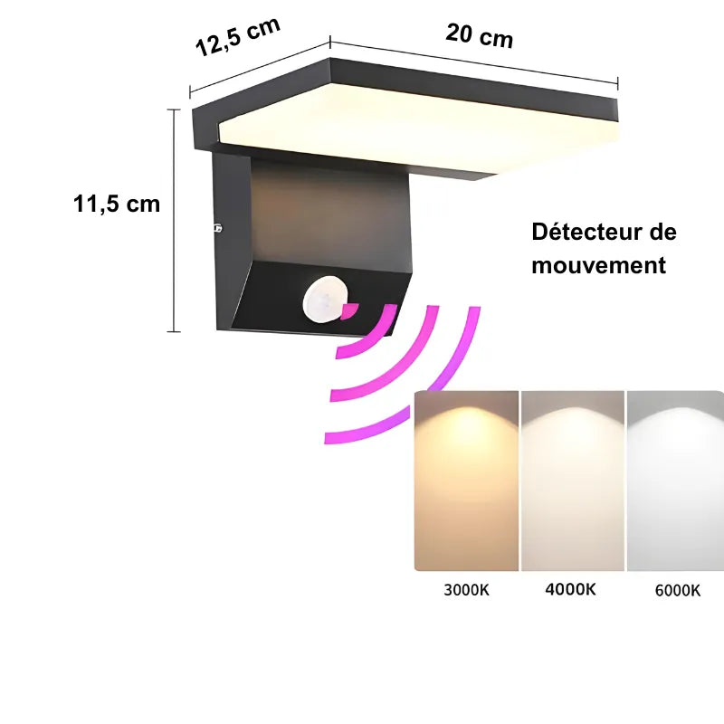 Applique murale LED extérieure moderne et minimaliste Luminaire Essenza avec détecteur de mouvement, finition noire ou blanche.