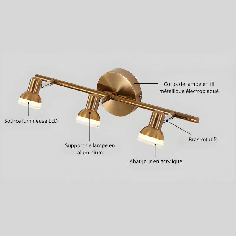 Applique murale salle de bain LED rotative Luminaire Essenza, moderne avec trois têtes en or et blanc naturel.