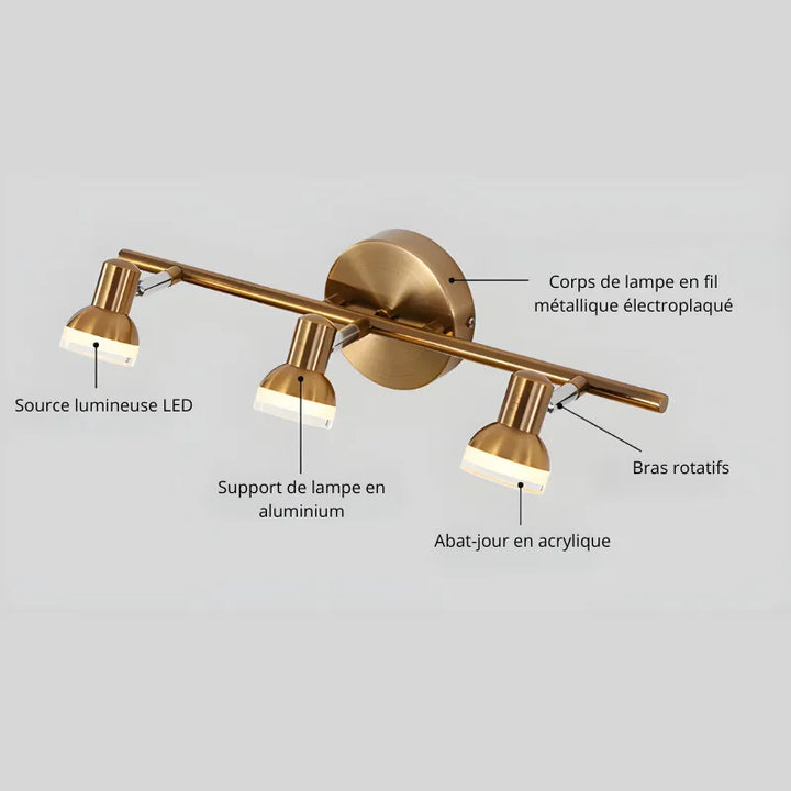 Applique murale salle de bain LED rotative Luminaire Essenza, moderne avec trois têtes en or et blanc naturel.